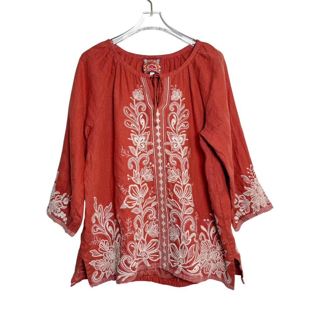 Johnny Was Tunic Women Large Rust Red Embroidered Linen Boho Top J11519-5